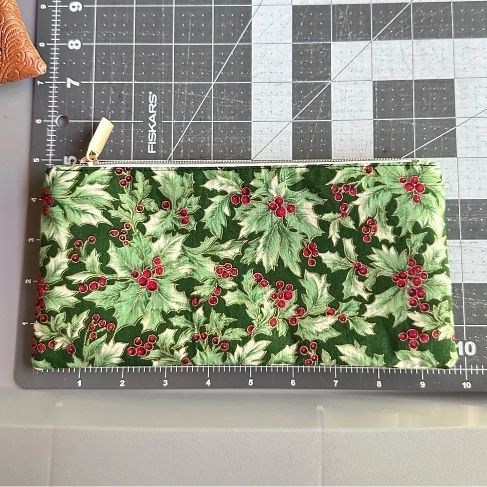 Holly berry bag pouch rose gold zipper cotton snowflake glitter linings